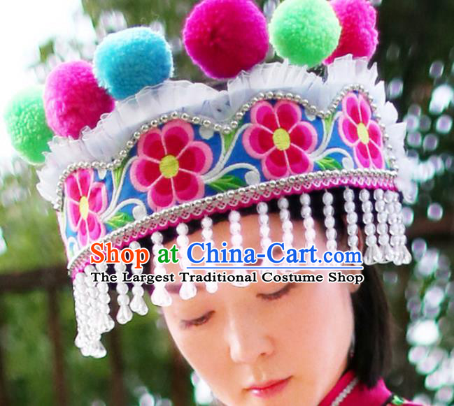 Top Quality China Yi Ethnic Women Headwear Chinese Yunnan Chuxiong Nationality Embroidered Beads Tassel Hat