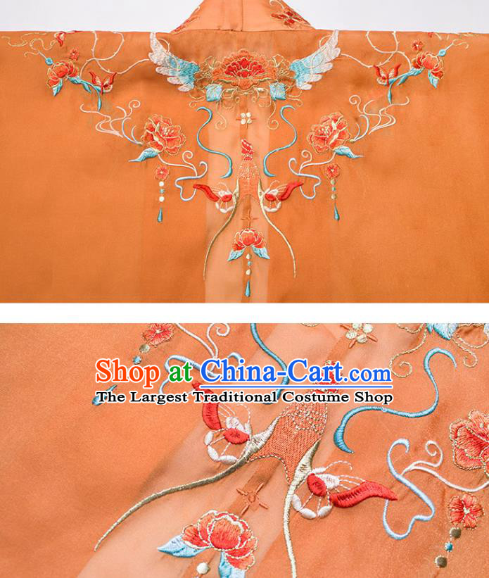 China Tang Dynasty Consort Yang Costumes Traditional Embroidered Orange Cape Blouse and Dress Ancient Hanfu Clothing