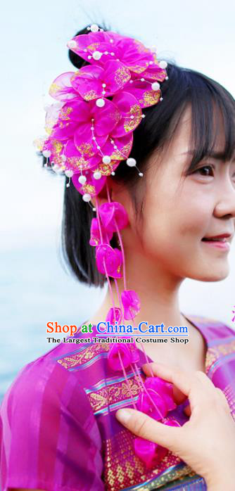 Chinese Traditional Yunnan Ethnic Women Tassel Headpiece Dai Nationality Bride Purple Silk Flowers Hair Stick