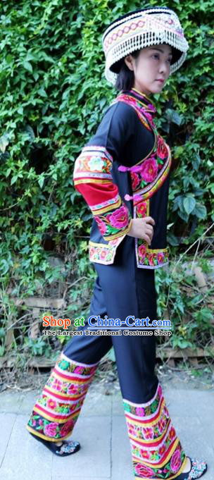 China Yi Nationality Embroidered Outfits Chinese Yi Ethnic Women Costumes Blouse and Pants with Rosy Tassel Hat