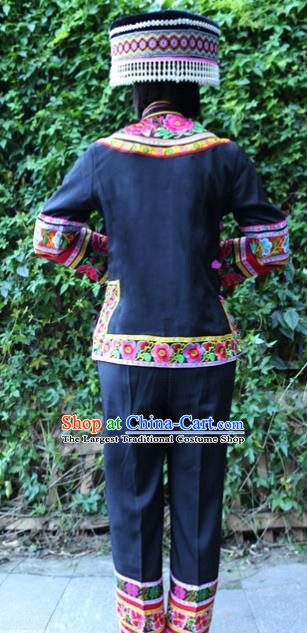 China Yi Nationality Embroidered Outfits Chinese Yi Ethnic Women Costumes Blouse and Pants with Rosy Tassel Hat