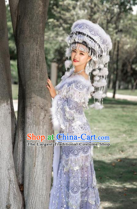 Top Quality China Yunnan Miao Female Clothing Photography Ethnic Minority White Long Dress and Headwear