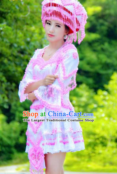 China Ethnic Women Pink Beads Tassel Blouse and Short Skirt Folk Dance Clothing Miao Nationality Fashion Costumes with Hat