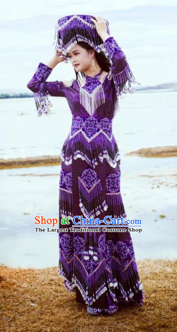 Top Quality Ethnic Fashion China Folk Dance Purple Dress Guizhou Miao Nationality Photography Clothing with Hat