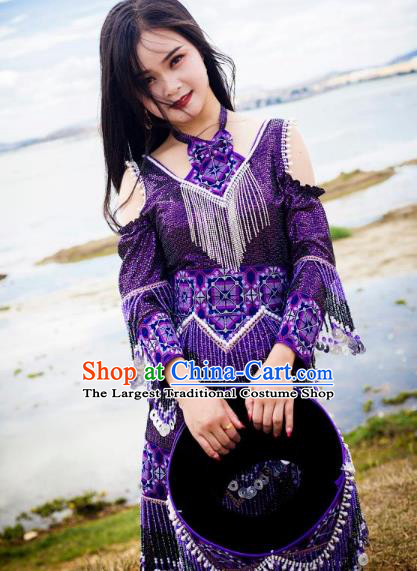 Top Quality Ethnic Fashion China Folk Dance Purple Dress Guizhou Miao Nationality Photography Clothing with Hat