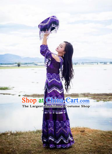 Top Quality Ethnic Fashion China Folk Dance Purple Dress Guizhou Miao Nationality Photography Clothing with Hat