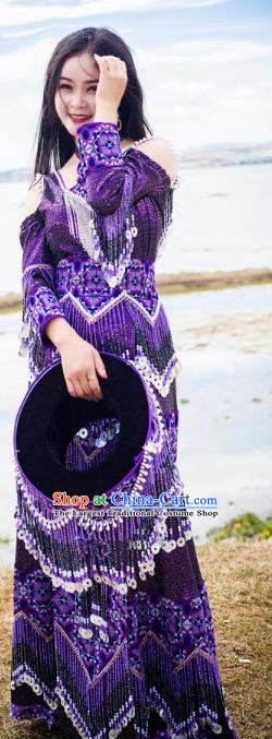 Top Quality Ethnic Fashion China Folk Dance Purple Dress Guizhou Miao Nationality Photography Clothing with Hat