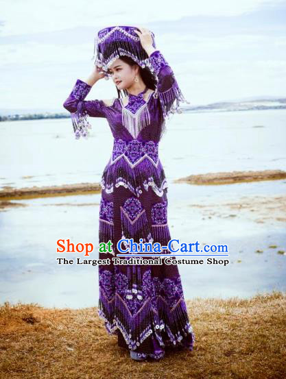 Top Quality Ethnic Fashion China Folk Dance Purple Dress Guizhou Miao Nationality Photography Clothing with Hat
