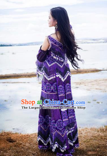 Top Quality Ethnic Fashion China Folk Dance Purple Dress Guizhou Miao Nationality Photography Clothing with Hat
