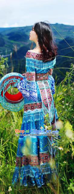 China Wenshan Miao Ethnic Festival Women Blue Dress Folk Dance Costumes Yunnan Minority Celebration Clothing and Hat
