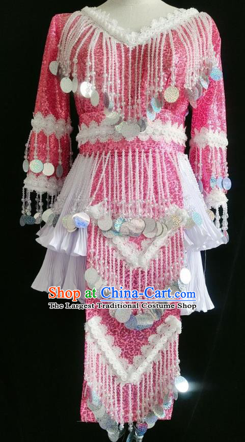 China Miao Nationality Rosy Sequins Blouse and Skirt Minority Women Folk Dance Clothing Ethnic Fashion