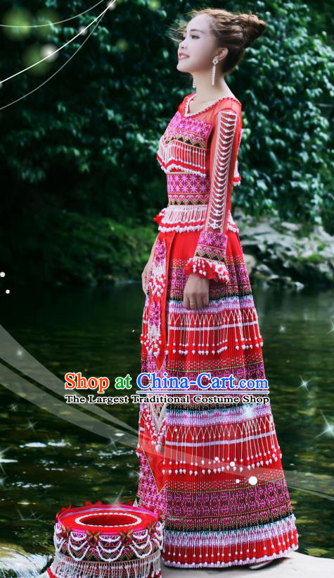 Guizhou Minority Folk Dance Red Long Dress Traditional Wedding Women Costumes China Miao Ethnic Bride Apparels and Hat