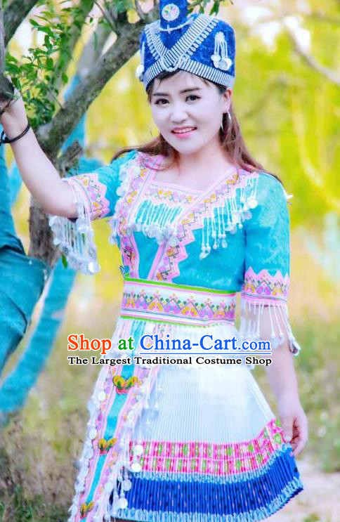 China Ethnic Apparels Miao Minority Blue Blouse and Short Pleated Skirt Traditional Nationality Women Costumes Folk Dance Clothing and Hat