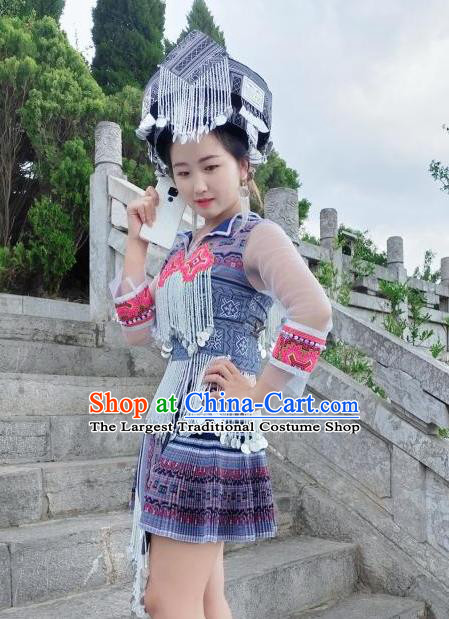 China Xiangxi Ethnic Women Apparels Traditional Miao Nationality Costumes Minority Folk Dance Short Dress and Headwear