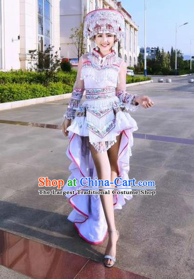China Ethnic Folk Dance Apparels Traditional Miao Nationality Stage Performance Costumes Minority Women White Dress and Headpiece