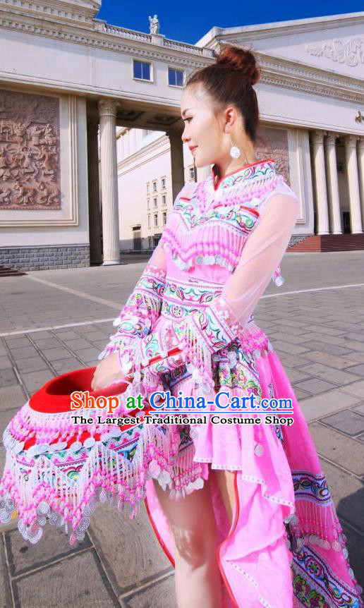 China Miao Nationality Stage Performance Costumes Minority Women Pink Dress Traditional Ethnic Folk Dance Apparels and Hat