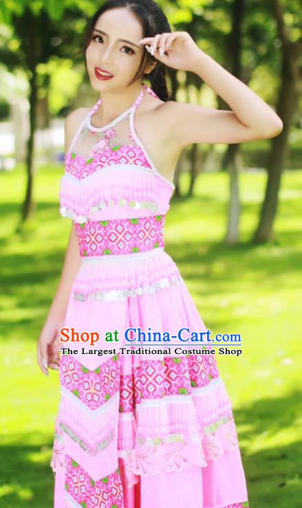Top Quality Guizhou Minority Sexy Pink Dress Festival Celebration Dance Costumes China Yao National Ethnic Bride Apparels