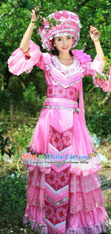 China Yao Minority Costumes Traditional Ethnic Folk Dance Apparels Tujia Nationality Bride Pink Long Dress and Headdress
