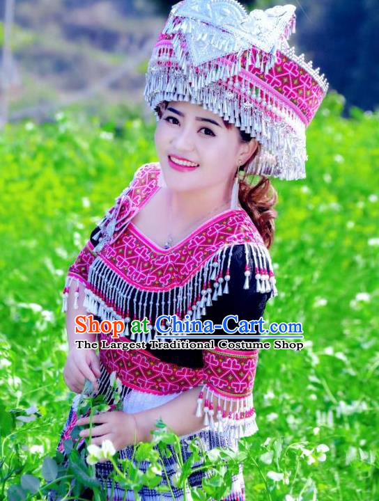 China Wenshan Miao Nationality Long Dress and Hat Traditional Ethnic Folk Dance Apparels Yunnan Minority Costumes