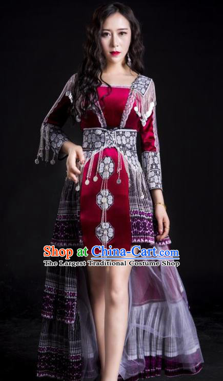 China Yunnan Nationality Traditional Short Dress and Headwear Wenshan Minority Embroidered Costumes Ethnic Folk Dance Apparels