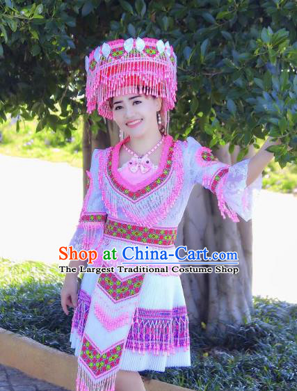 China Yunnan Wenshan Ethnic Women Apparels Minority Costumes Yao Nationality Folk Dance Short Dress and Hat