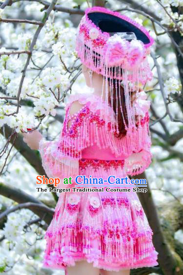Bride Rosy Blouse and Short Skirt Travel Photography Ethnic Costumes with Hat China Miao Nationality Women Clothing