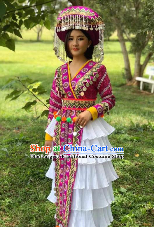 China Ethnic Rosy Blouse and Long Skirt Nationality Women Stage Performance Costumes Yi Minority Dance Clothing with Hat