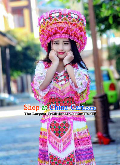 Fashion Yi Minority Female Costumes China Ethnic Folk Dance Clothing Travel Photography Beads Tassel Blouse and Short Skirt with Headwear
