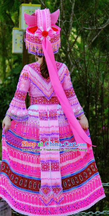 China Zhuang Ethnic Wedding Clothing Minority Bride Costumes Travel Photography Rosy Beads Tassel Dress with Headwear