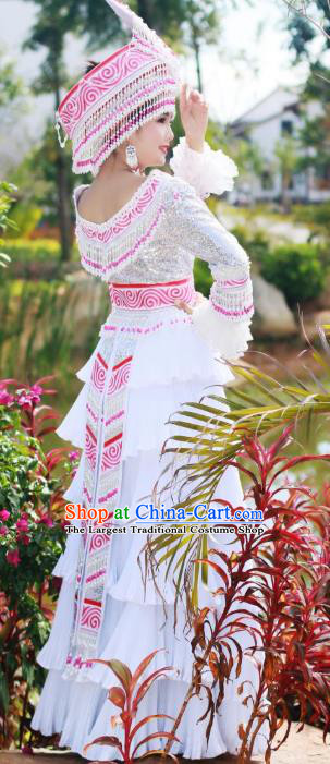 China Yunnan Miao Minority Costumes Travel Photography White Blouse and Long Skirt Wenshan Ethnic Women Fashion with Headdress