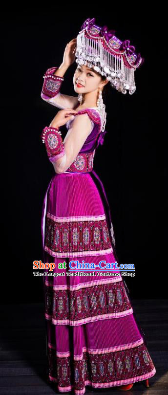 China Guizhou Miao Minority Traditional Clothing Travel Photography Fashion Ethnic Folk Dance Purple Velvet Dress with Hat