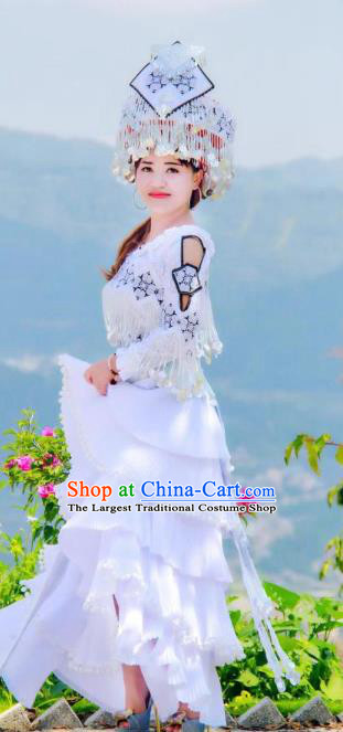 Top Grade China Traditional Miao Ethnic Costumes Yunnan Minority Nationality Folk Dance White Dress and Headwear