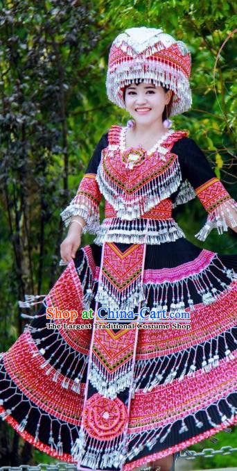 China Traditional Miao Ethnic Wedding Costumes Yunnan Minority Nationality Folk Dance Dress Embroidered Clothing and Headdress
