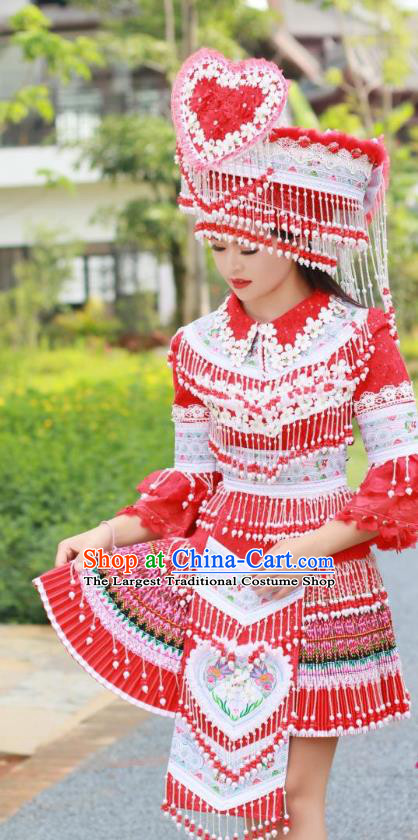 China Traditional Miao Minority Costumes Yunnan Tourist Attraction Stage Performance Clothing Ethnic Nationality Red Dress and Hat