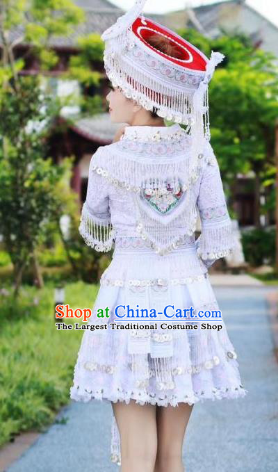 China Miao Minority Women White Short Dress Photography Traditional Clothing Tourist Attraction Stage Show Costumes and Headwear