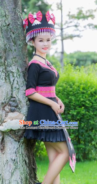 China Guizhou Miao Minority Female Black Dress Tourist Attraction Photography Costumes Traditional Folk Dance Clothing and Hat