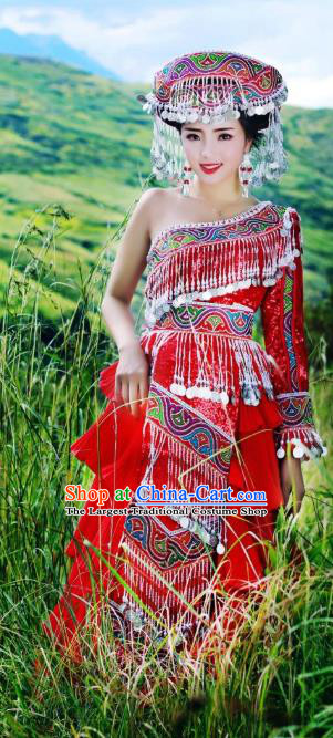 China Tujia Ethnic Festival Women Red Dress Folk Dance Costumes Guizhou Minority Celebration Clothing and Hat