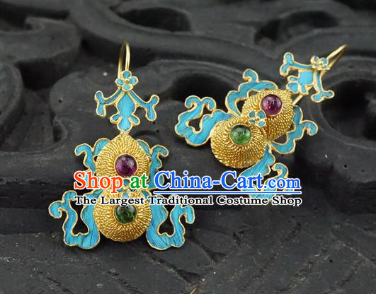 Top Grade Chinese Classical Court Gems Bat Earrings Traditional Handmade Golden Gourd Ear Jewelry Qing Dynasty Palace Accessories