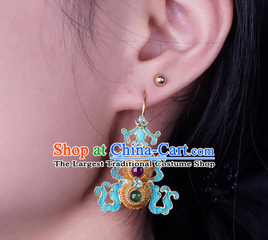 Top Grade Chinese Classical Court Gems Bat Earrings Traditional Handmade Golden Gourd Ear Jewelry Qing Dynasty Palace Accessories
