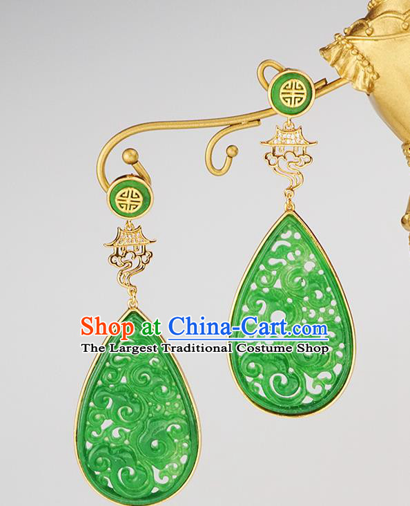 Top Grade Chinese Handmade Golden Palace Ear Jewelry Traditional Accessories Classical Cheongsam Jade Earrings