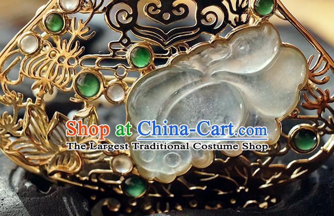 China Classical Qing Dynasty Golden Lotus Brooch Traditional Handmade Court Jade Breastpin