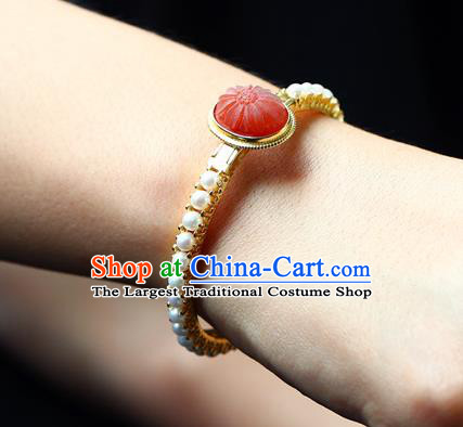 Chinese Traditional Agate Bangle Accessories Ancient Qing Dynasty Court Pearls Bracelet Gems Jewelry