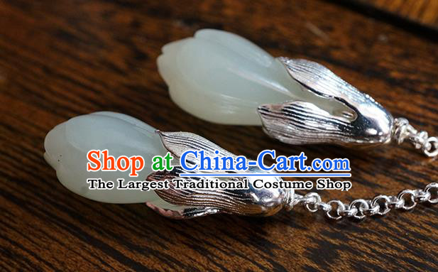 Top Grade Chinese Handmade Silver Ear Jewelry Traditional Accessories Classical Jade Mangnolia Earrings