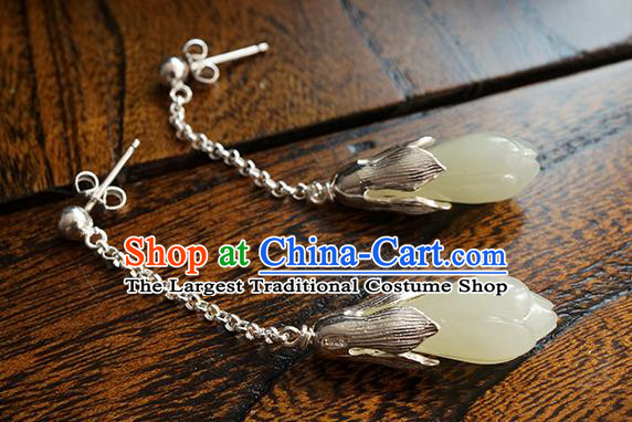 Top Grade Chinese Handmade Silver Ear Jewelry Traditional Accessories Classical Jade Mangnolia Earrings