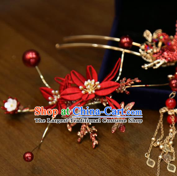 Chinese Classical Hair Accessories Traditional Wedding Red Silk Hairpins Full Set