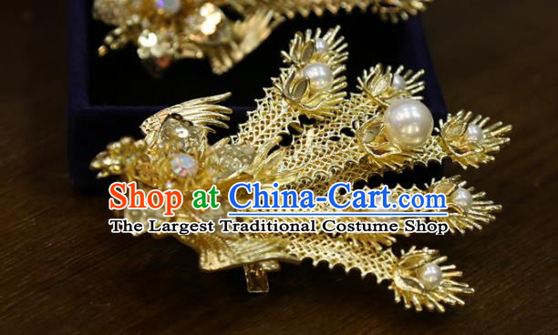 Chinese Classical Golden Phoenix Hair Sticks Hair Accessories Traditional Wedding Hairpins