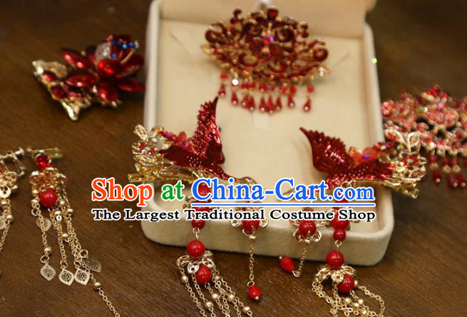Chinese Classical Red Crane Hair Accessories Traditional Wedding Hairpins Tassel Hair Sticks Full Set