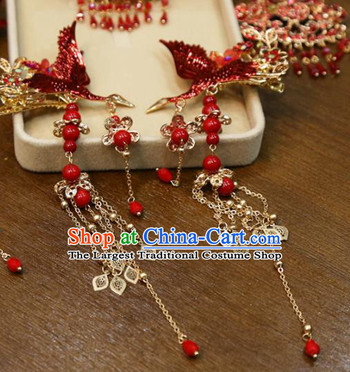 Chinese Classical Red Crane Hair Accessories Traditional Wedding Hairpins Tassel Hair Sticks Full Set