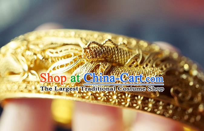 Chinese Traditional Carving Dragon Bangle Accessories Handmade Qing Dynasty Court Golden Bracelet Jewelry