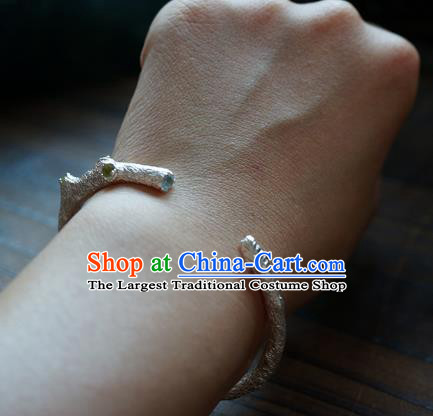 Chinese Traditional Gems Bangle Accessories Handmade Silver Carving Branch Bracelet Jewelry